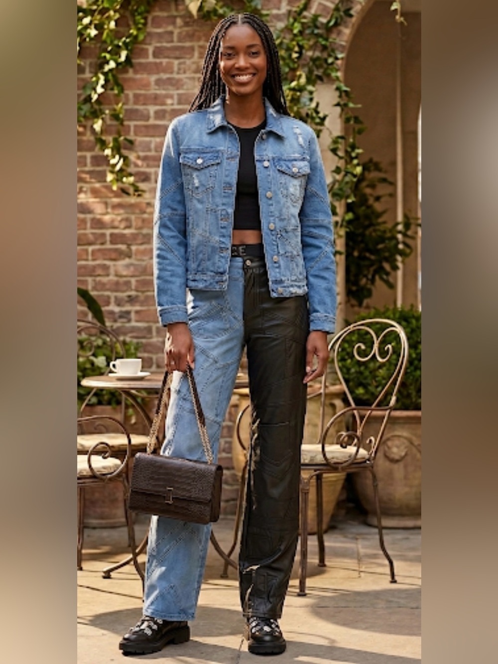 AKIRA Black Faux Leather and Blue Denim Patchwork Straight Leg Jeans